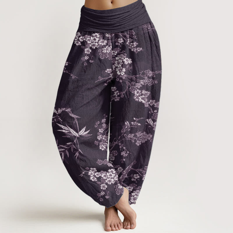 Buddha Stones Pure Cotton White Sakura Flower Pattern Women's Elastic Waist Harem Pants