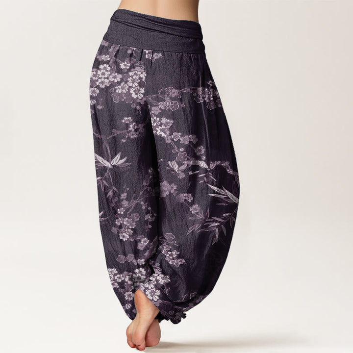 Buddha Stones Pure Cotton White Sakura Flower Pattern Women's Elastic Waist Harem Pants