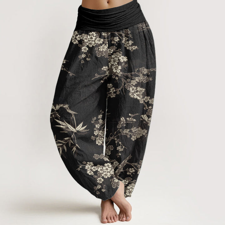 Buddha Stones Pure Cotton White Sakura Flower Pattern Women's Elastic Waist Harem Pants