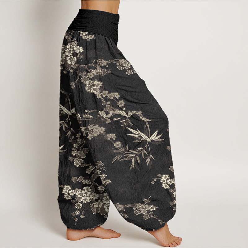 Buddha Stones Pure Cotton White Sakura Flower Pattern Women's Elastic Waist Harem Pants