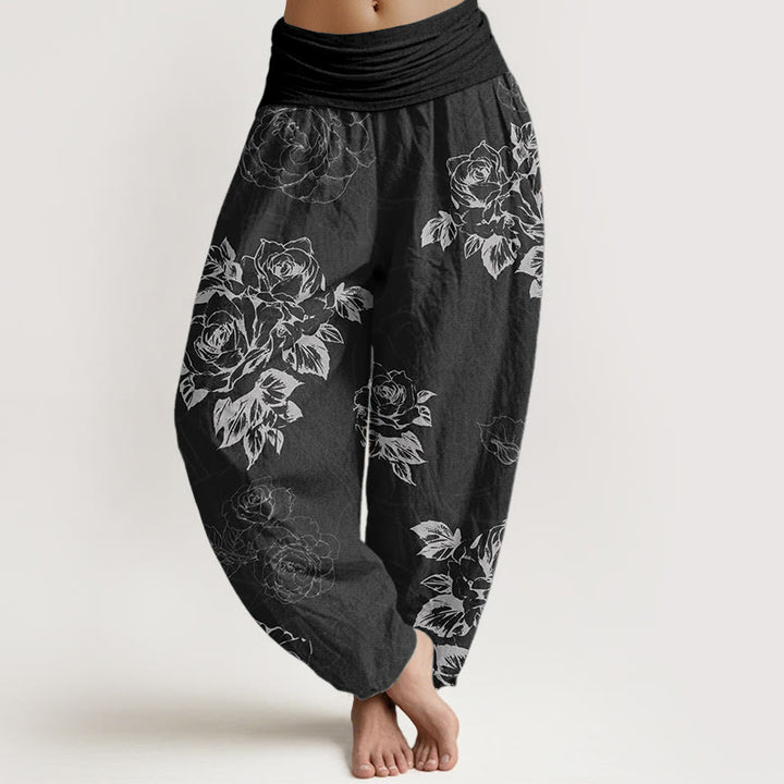 Buddha Stones Pure Cotton Casual Rose Peony Flowers Women's Elastic Waist Harem Pants