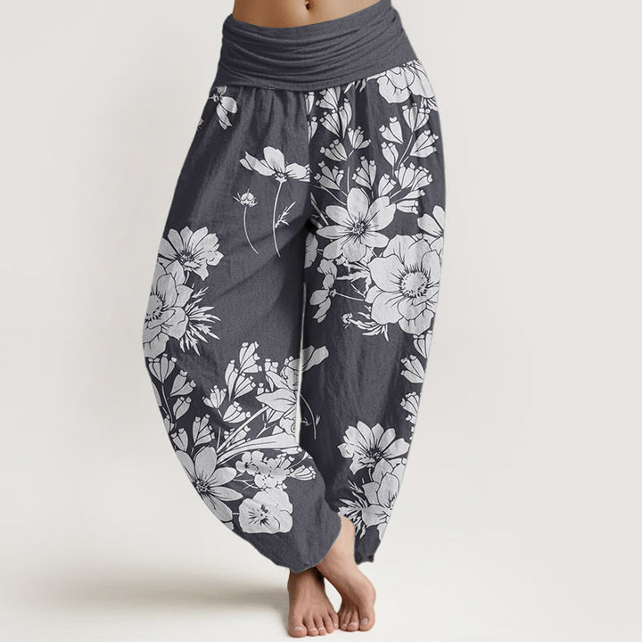 Buddha Stones Pure Cotton Casual Peony Leaves Women's Elastic Waist Harem Pants - SlateGray - US22，UK/AU26，EU54 (6XL) - image 0
