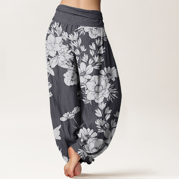 Buddha Stones Pure Cotton Casual Peony Leaves Women's Elastic Waist Harem Pants