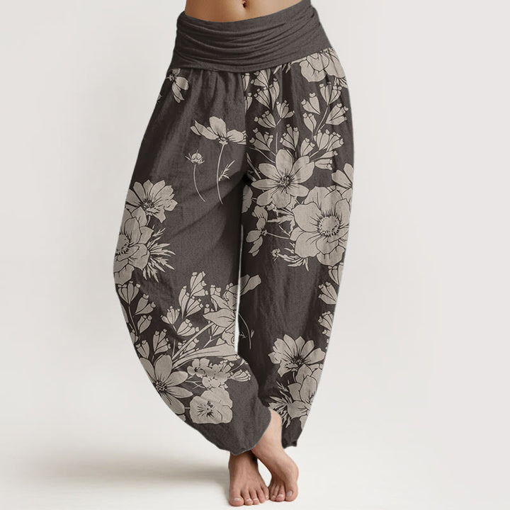 Buddha Stones Pure Cotton Casual Peony Leaves Women's Elastic Waist Harem Pants
