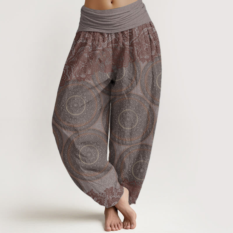Buddha Stones Pure Cotton Casual Flowers Compass Design Women's Elastic Waist Harem Pants