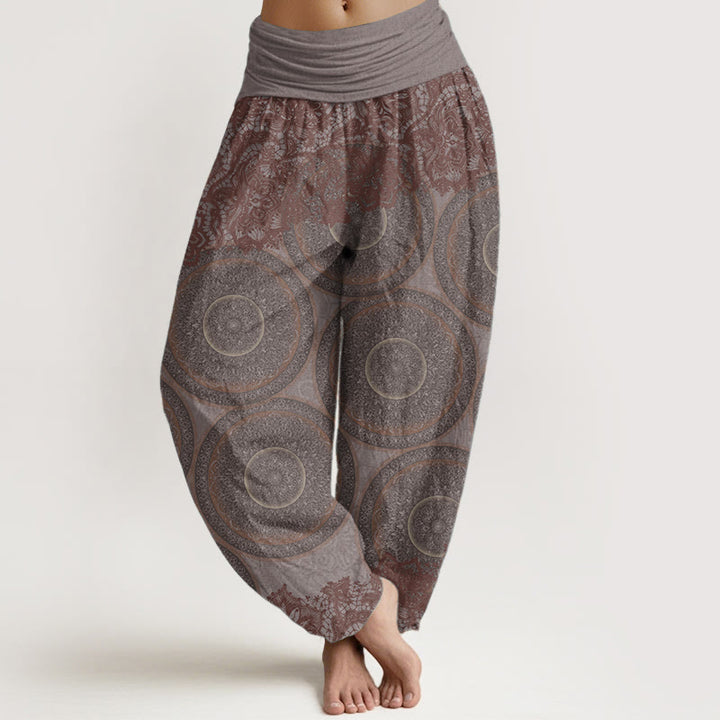 Buddha Stones Pure Cotton Casual Flowers Compass Design Women's Elastic Waist Harem Pants
