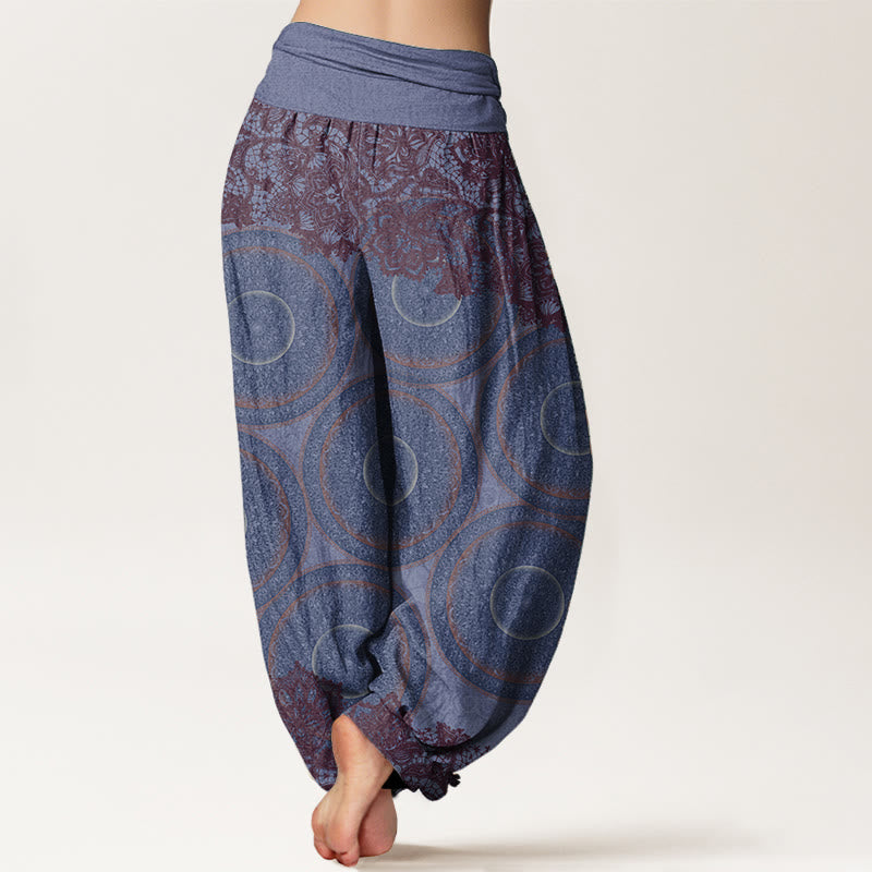 Buddha Stones Pure Cotton Casual Flowers Compass Design Women's Elastic Waist Harem Pants