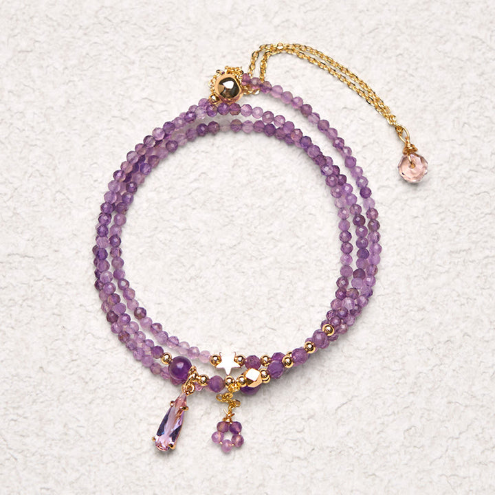 Buddha Stones Natural Amethyst Water Drop Star Meditation Triple Wrap Bracelet