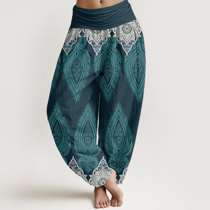 Buddha Stones Pure Cotton Casual Feather Flower Design Women's Elastic Waist Harem Pants - DarkTurquoise - US22，UK/AU26，EU54 (6XL) - image 0