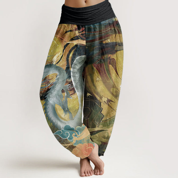 Buddha Stones Pure Cotton Dragon Auspicious Clouds Pattern Women's Elastic Waist Harem Pants