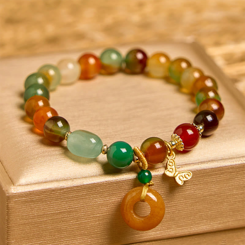 Buddha Stones Natural Colorful Peacock Agate Butterfly Peace Buckle Lily Of The Valley Support Bracelet