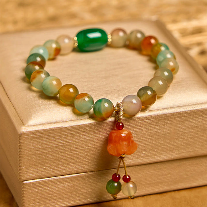Buddha Stones Natural Colorful Peacock Agate Butterfly Peace Buckle Lily Of The Valley Support Bracelet