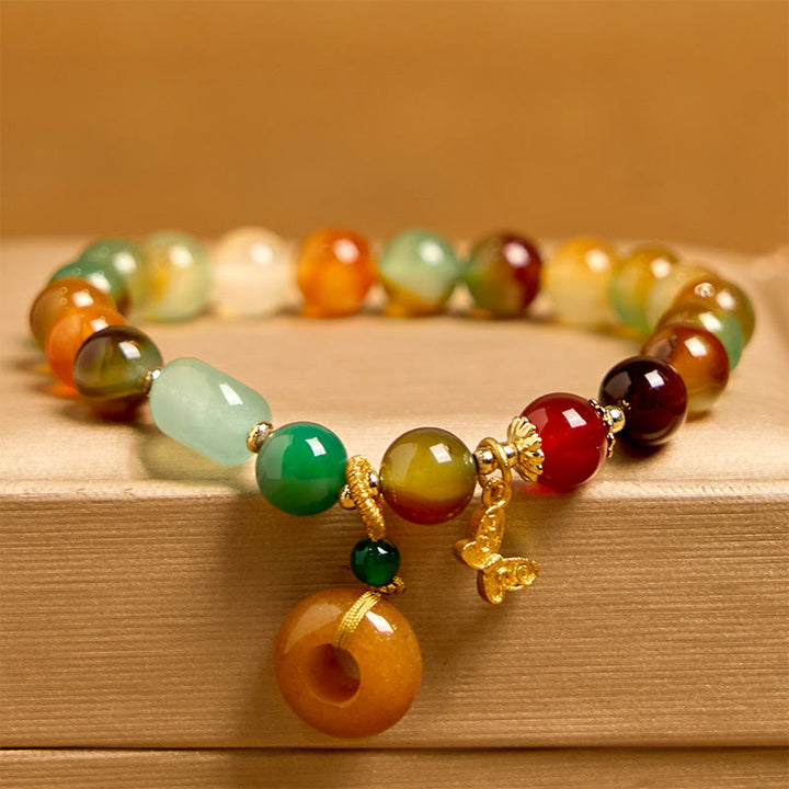 Buddha Stones Natural Colorful Peacock Agate Butterfly Peace Buckle Lily Of The Valley Support Bracelet