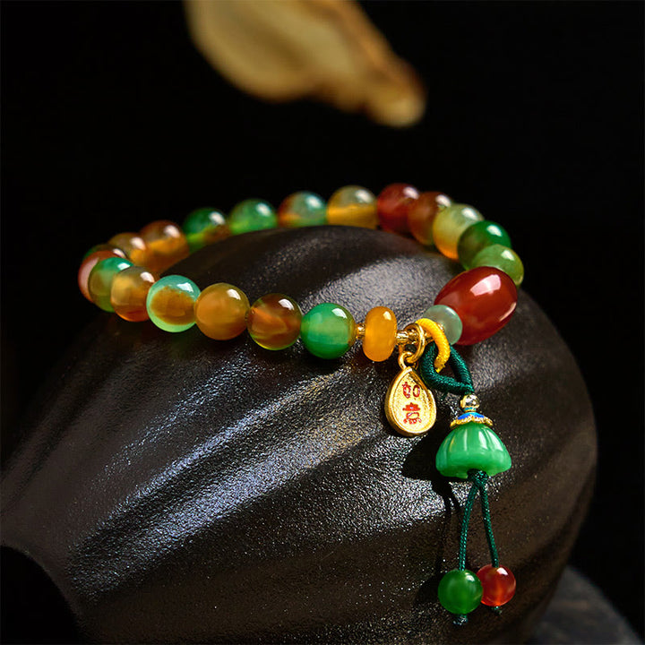 Buddha Stones Natural Colorful Peacock Agate Chalcedony Ruyi As One Wishes Charm Courage Bracelet