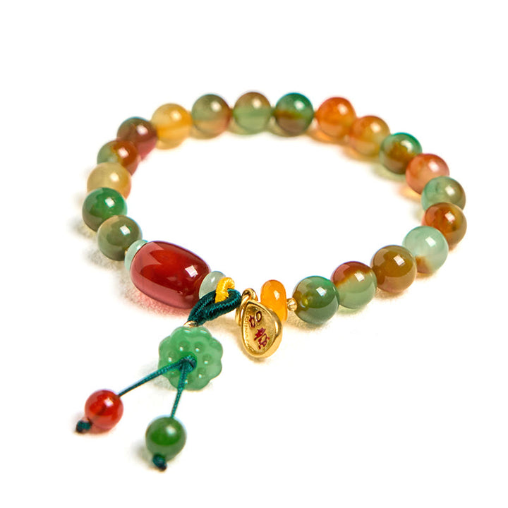 Buddha Stones Natural Colorful Peacock Agate Chalcedony Ruyi As One Wishes Charm Courage Bracelet