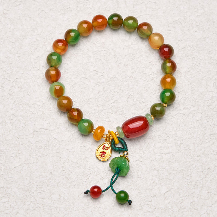 Buddha Stones Natural Colorful Peacock Agate Chalcedony Ruyi As One Wishes Charm Courage Bracelet
