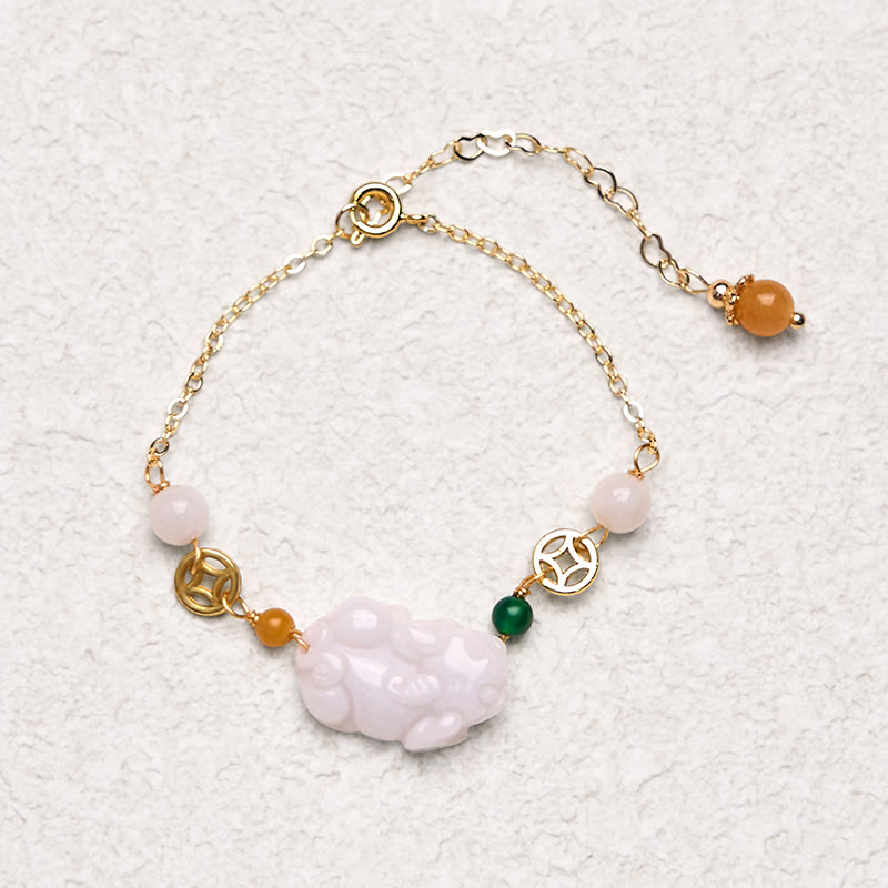 Buddha Stones Natural Jade PiXiu Carved Copper Coin Luck Chain Bracelet
