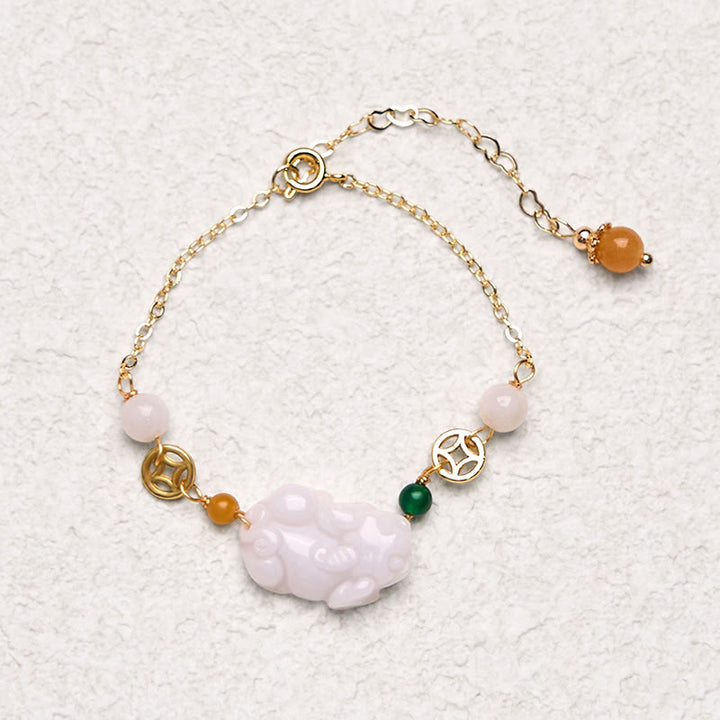 Buddha Stones Natural Jade PiXiu Carved Copper Coin Luck Chain Bracelet