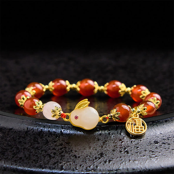 Buddha Stones Red Agate Chalcedony Rabbit Fu Character Confidence Bracelet