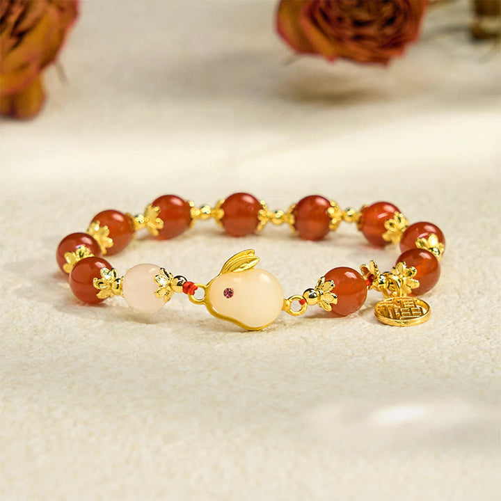 Buddha Stones Red Agate Chalcedony Rabbit Fu Character Confidence Bracelet