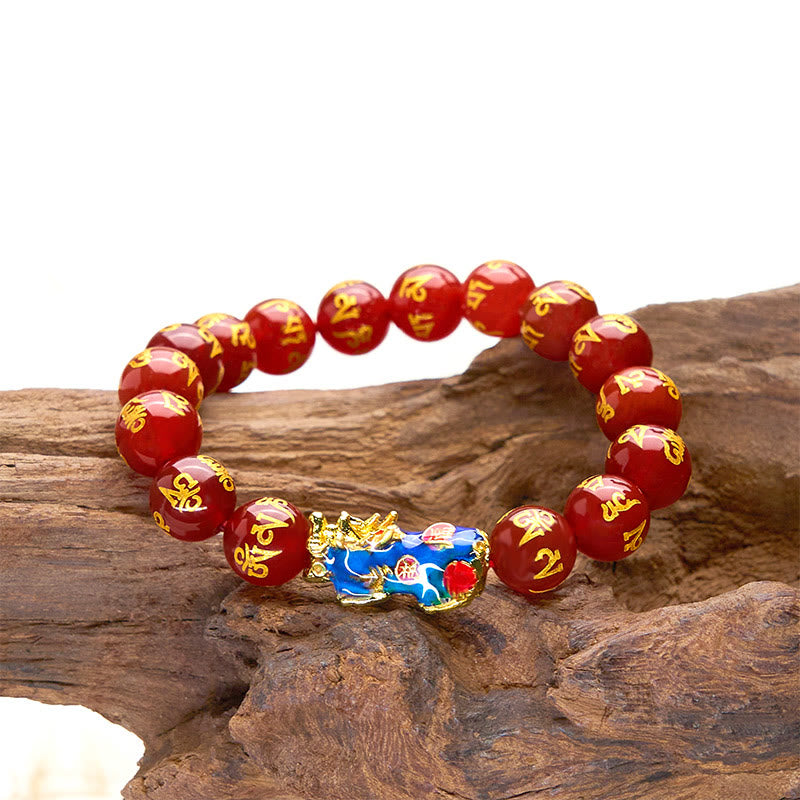 Buddha Stones Red Agate Color Change PiXiu Om Mani Padme Hum Calm Bracelet