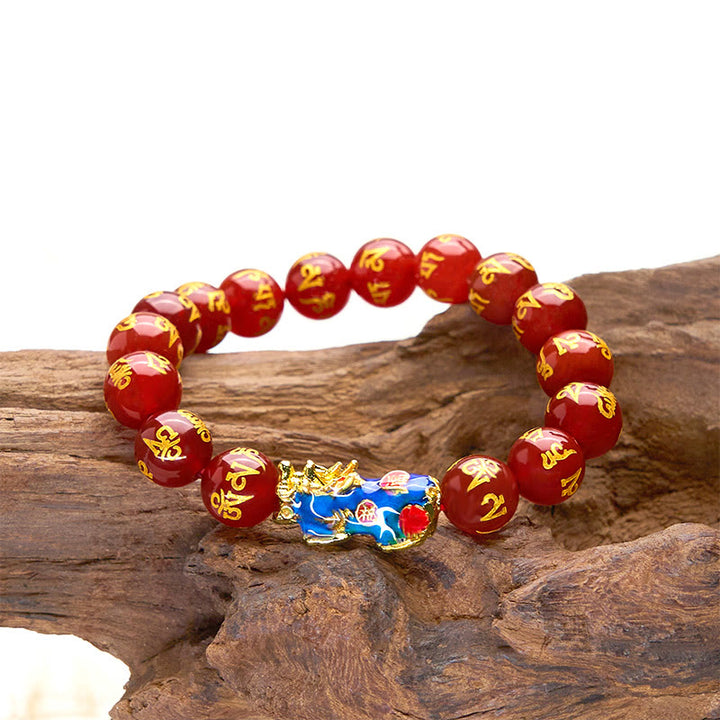 Buddha Stones Red Agate Color Change PiXiu Om Mani Padme Hum Calm Bracelet