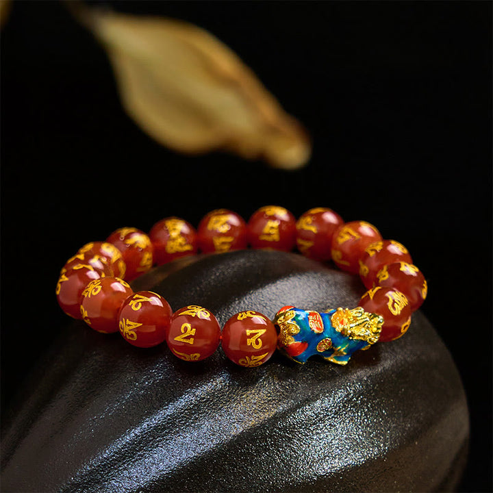 Buddha Stones Red Agate Color Change PiXiu Om Mani Padme Hum Calm Bracelet