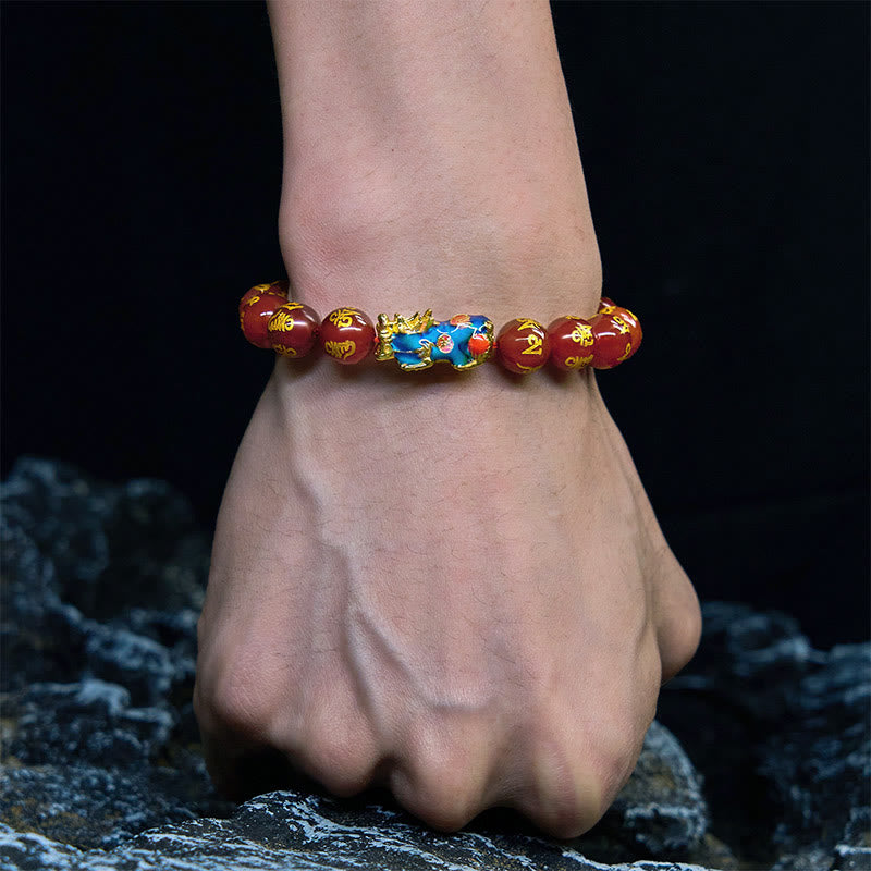 Buddha Stones Red Agate Color Change PiXiu Om Mani Padme Hum Calm Bracelet