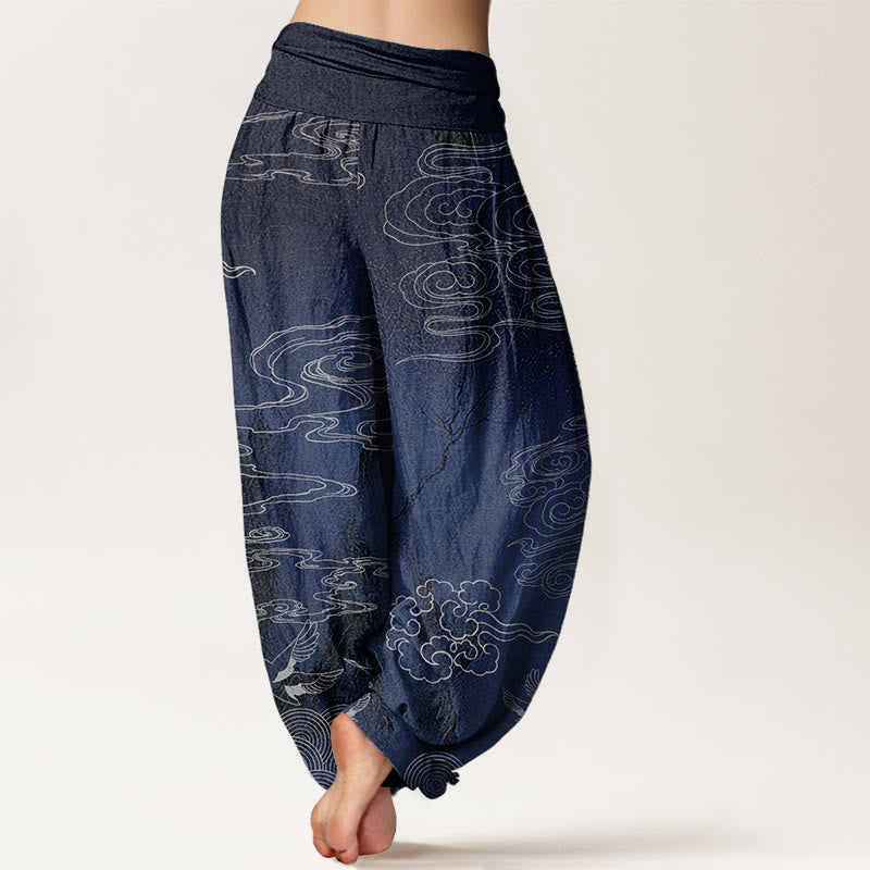 Buddha Stones Pure Cotton White Auspicious Clouds Birds Tree Pattern Women's Elastic Waist Harem Pants