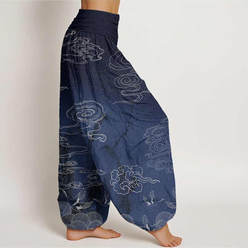 Buddha Stones Pure Cotton White Auspicious Clouds Birds Tree Pattern Women's Elastic Waist Harem Pants