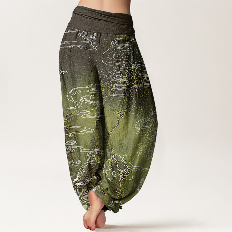 Buddha Stones Pure Cotton White Auspicious Clouds Birds Tree Pattern Women's Elastic Waist Harem Pants