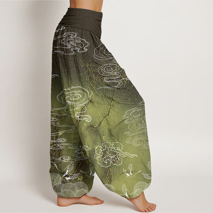 Buddha Stones Pure Cotton White Auspicious Clouds Birds Tree Pattern Women's Elastic Waist Harem Pants