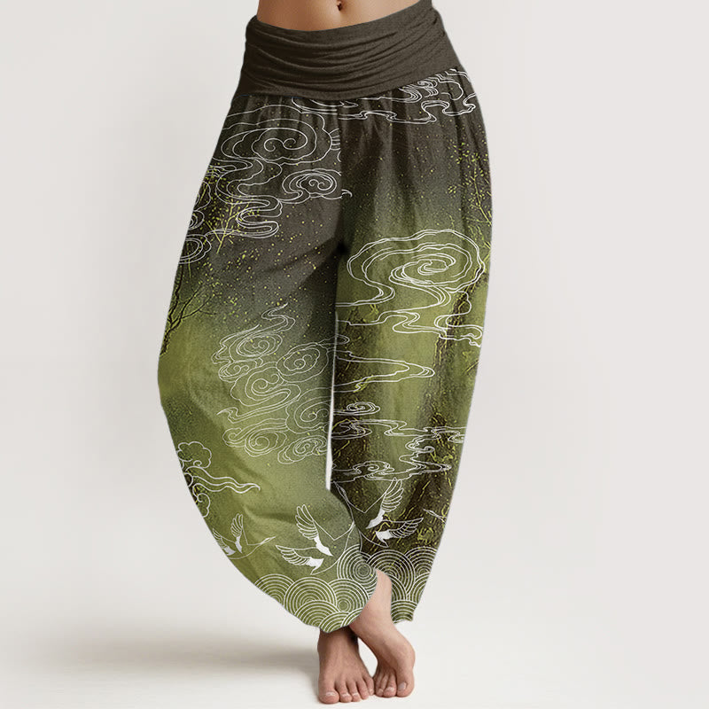 Buddha Stones Pure Cotton White Auspicious Clouds Birds Tree Pattern Women's Elastic Waist Harem Pants
