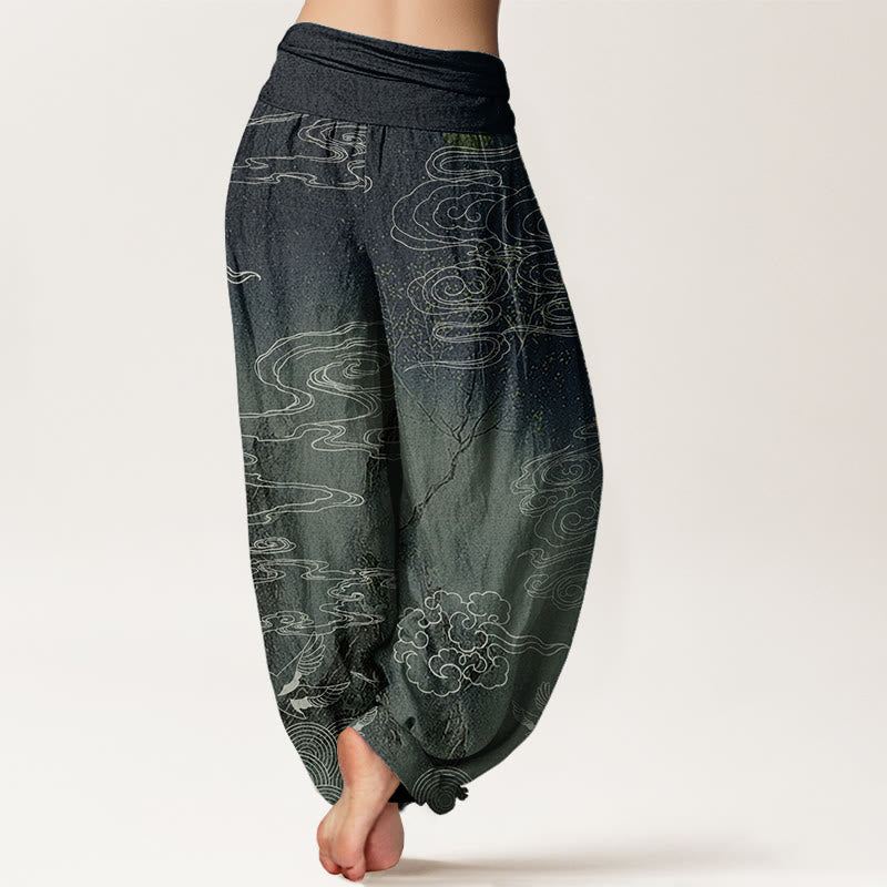 Buddha Stones Pure Cotton White Auspicious Clouds Birds Tree Pattern Women's Elastic Waist Harem Pants
