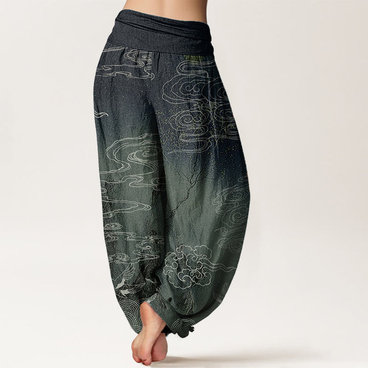 Buddha Stones Pure Cotton White Auspicious Clouds Birds Tree Pattern Women's Elastic Waist Harem Pants