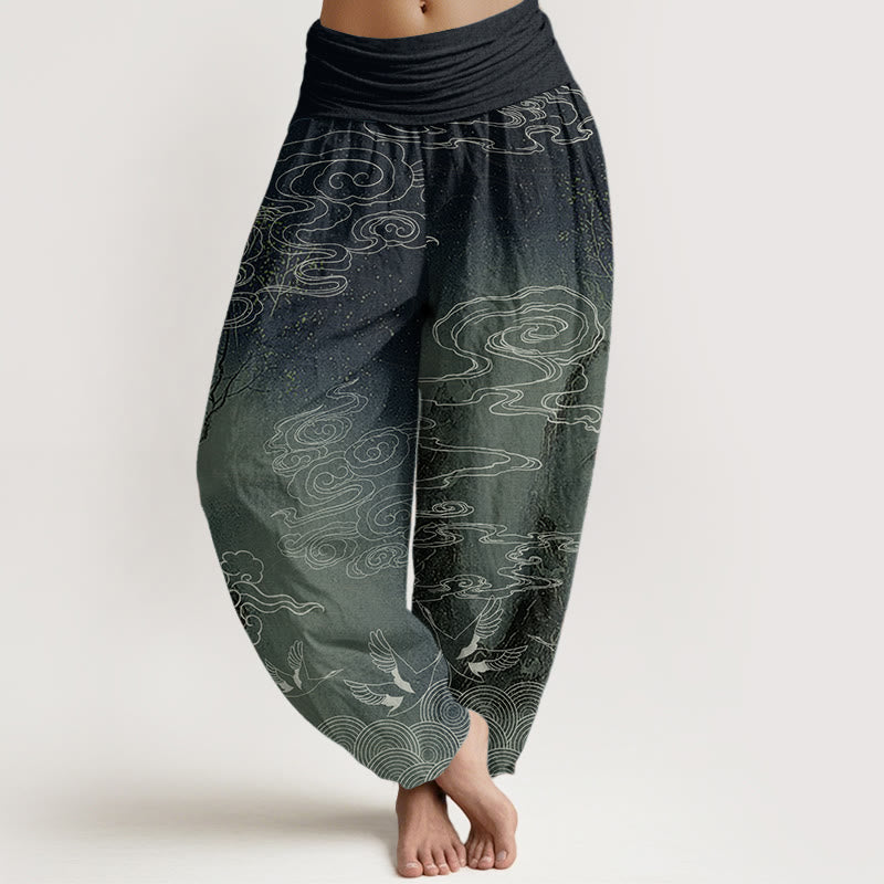 Buddha Stones Pure Cotton White Auspicious Clouds Birds Tree Pattern Women's Elastic Waist Harem Pants