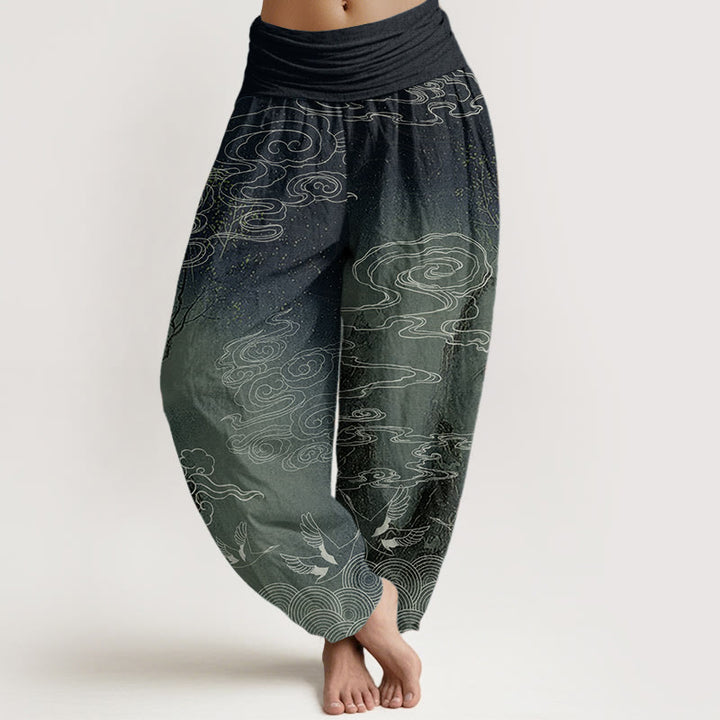 Buddha Stones Pure Cotton White Auspicious Clouds Birds Tree Pattern Women's Elastic Waist Harem Pants