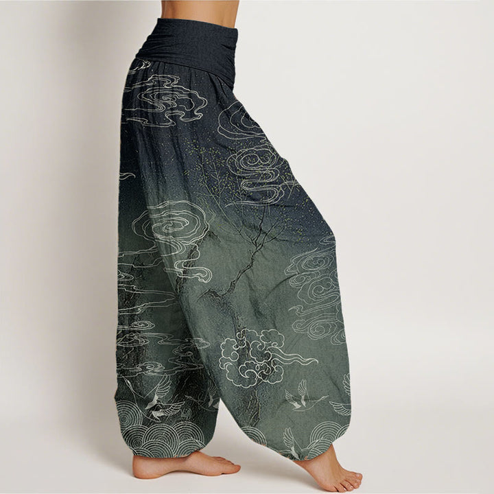 Buddha Stones Pure Cotton White Auspicious Clouds Birds Tree Pattern Women's Elastic Waist Harem Pants
