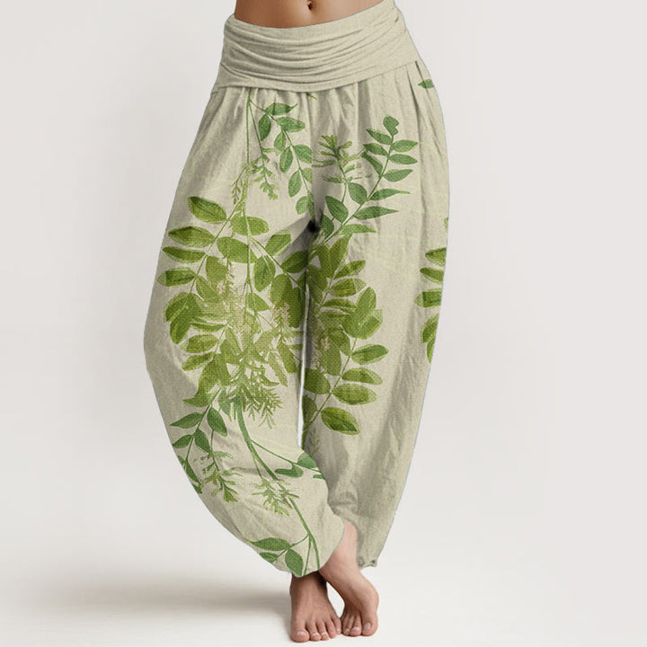 Buddha Stones Pure Cotton Green Leaves Branches Women's Elastic Waist Harem Pants