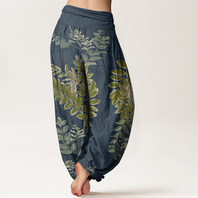 Buddha Stones Pure Cotton Green Leaves Branches Women's Elastic Waist Harem Pants - image 9