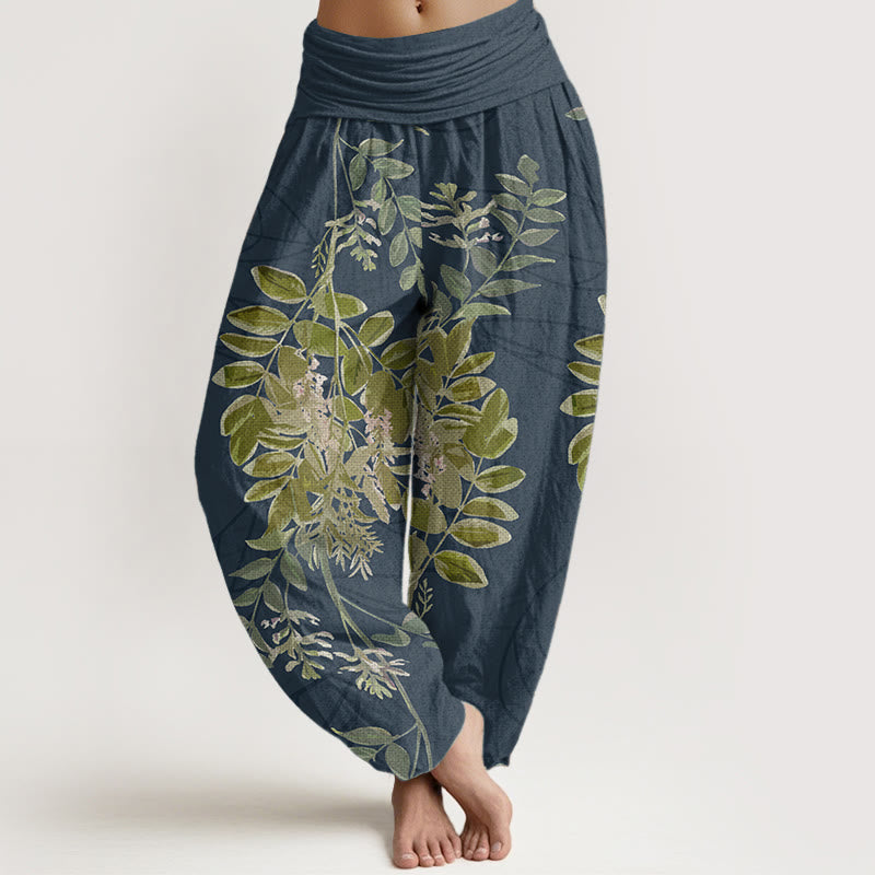 Buddha Stones Pure Cotton Green Leaves Branches Women's Elastic Waist Harem Pants