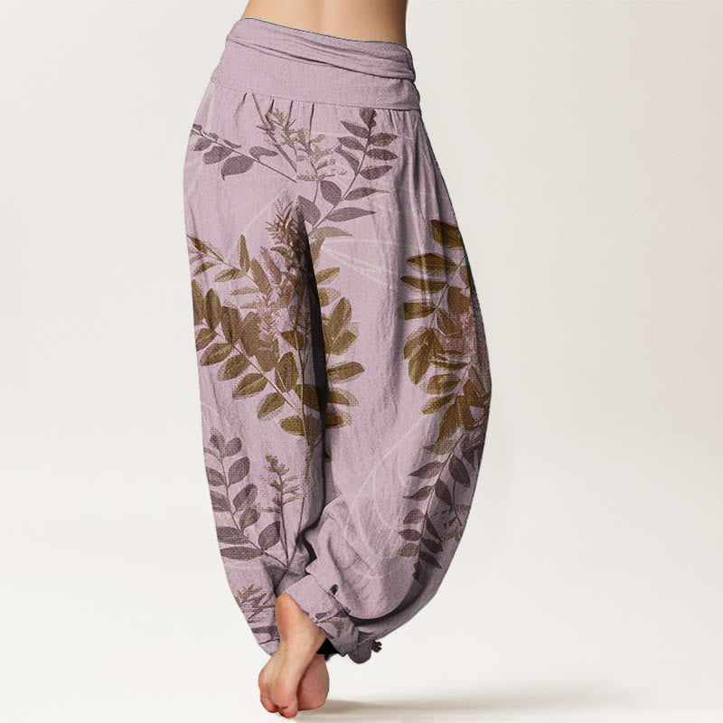 Buddha Stones Pure Cotton Green Leaves Branches Women's Elastic Waist Harem Pants