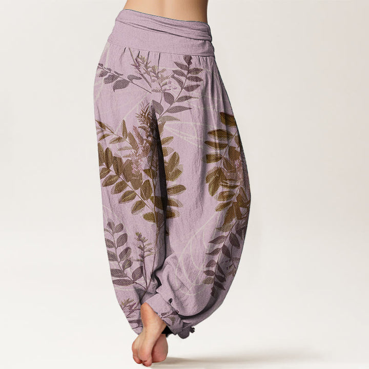 Buddha Stones Pure Cotton Green Leaves Branches Women's Elastic Waist Harem Pants