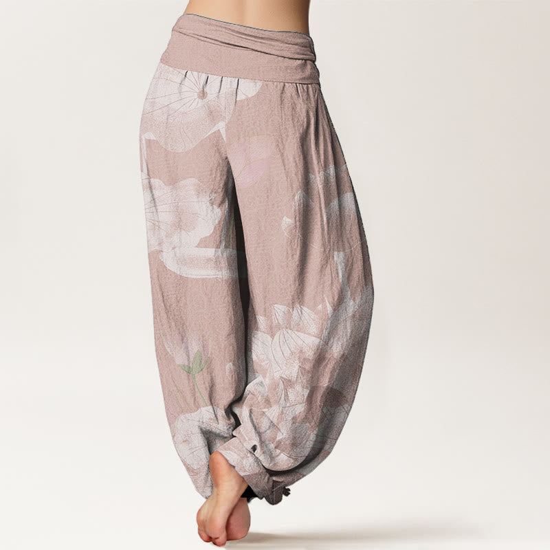 Buddha Stones Pure Cotton Pink And White Lotus Women's Elastic Waist Harem Pants