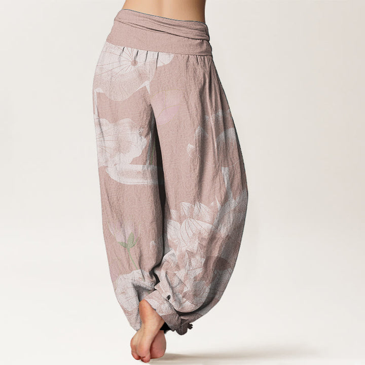 Buddha Stones Pure Cotton Pink And White Lotus Women's Elastic Waist Harem Pants