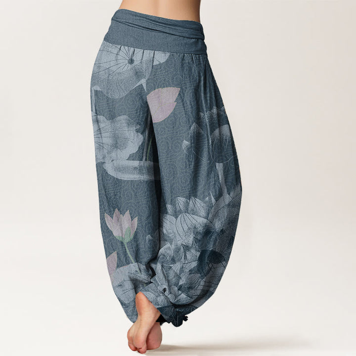 Buddha Stones Pure Cotton Pink And White Lotus Women's Elastic Waist Harem Pants