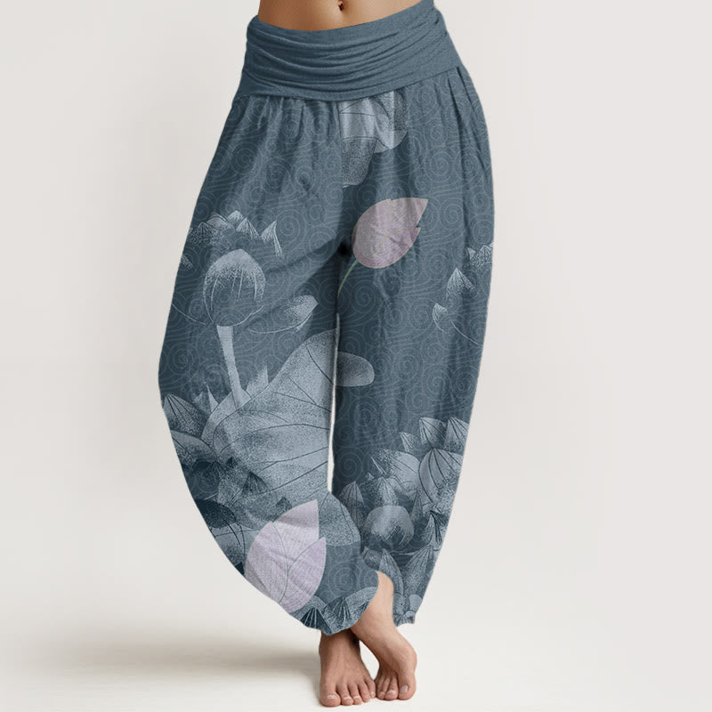Buddha Stones Pure Cotton Pink And White Lotus Women's Elastic Waist Harem Pants