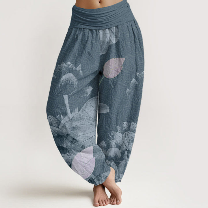 Buddha Stones Pure Cotton Pink And White Lotus Women's Elastic Waist Harem Pants