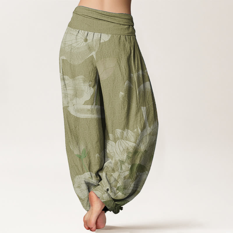 Buddha Stones Pure Cotton Pink And White Lotus Women's Elastic Waist Harem Pants