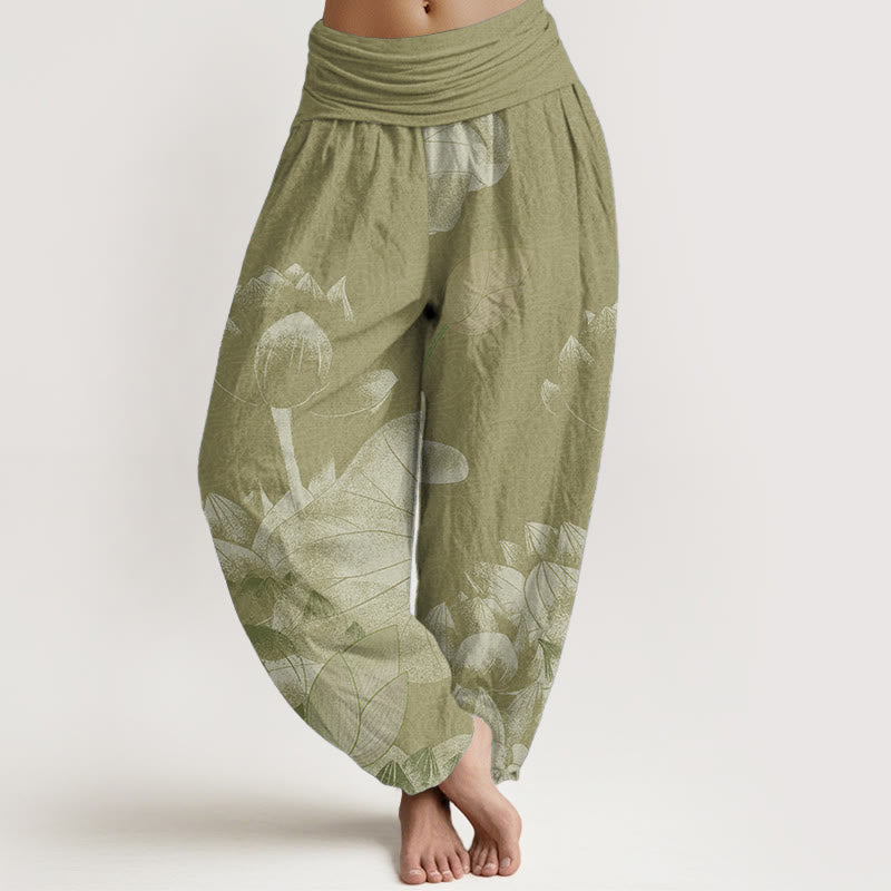 Buddha Stones Pure Cotton Pink And White Lotus Women's Elastic Waist Harem Pants